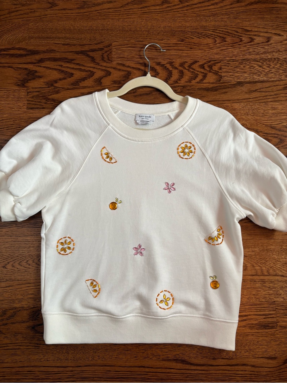 kate spade Cream Short-Sleeve Sweatshirt with Citrus & Pink Floral Embroidery